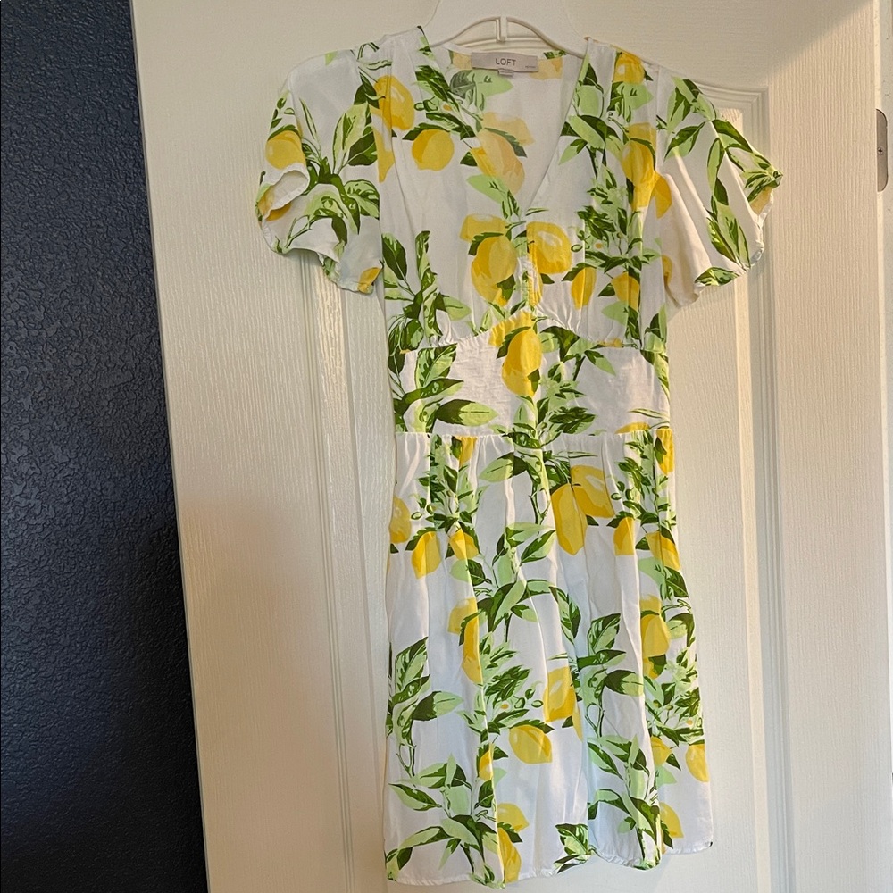 LOFT White and Yellow Lemon Print Mini Dress